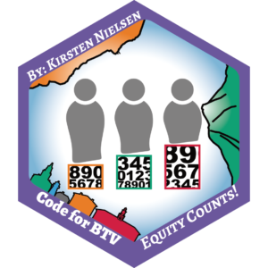 Purple-bordered hexagon-shaped sticker with people on different sized boxes of numbers for Equity Counts project.