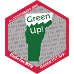 Red, green, white, and gray hexagon-shaped sticker for Green Up! app project.