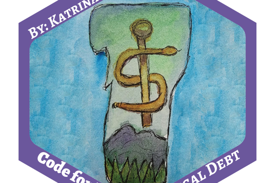 Purple-bordered hexagon-shaped sticker with green Vermont shape having a yellow caduceus symbol in its center and gray mountain at its bottom all centered on a blue background for the Medical Debt project.
